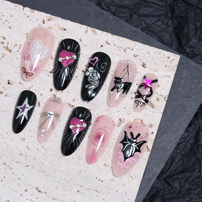 24Pcs Cute Cat Nails Halloween Press on Nails Medium Almond Fake Nails with Gothic Bat Heart Bow Rhinestones Design Glitter Y2k False Nails Black Pink Full Cover Artificial Glue on Nail for Women DIY