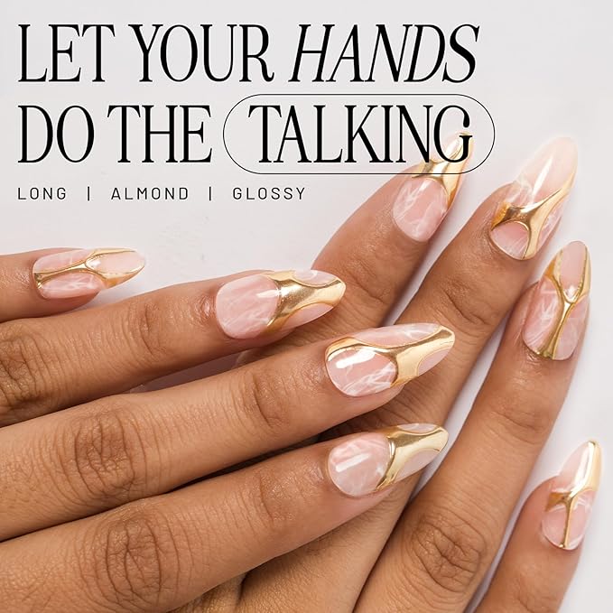 Lilac St - Press On Nails, Gold In My Veins (30 Nails, 15 Sizes) - Long, Almond, Glossy, Opaque - Brush-On Nail Glue, Nail File, Cuticle Stick, Prep Pad - Reusable - Cruelty Free, Vegan, Women Founded