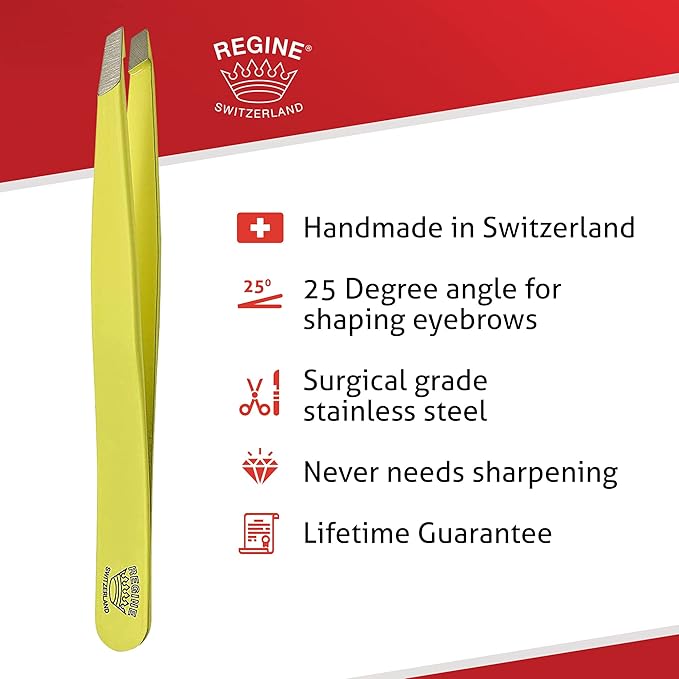 Slant Tweezer - Handmade in Switzerland - Professional Eyebrow & Facial Hair Remover - Etched Interior Grabs Hair from The Root - Perfectly Aligned Tips - Stainless Steel, Yellow