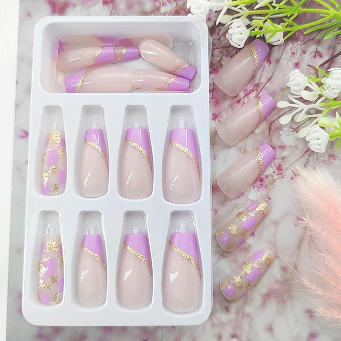 Acrylic Press on Nails Coffin Medium Purple French Tip Fake Nails Press ons Golden Glitter Lines Glue on Nails Glossy Stick on Nails Artificial False Nails for Girls 24Pcs