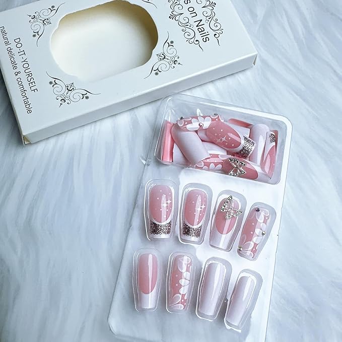 24Pcs White French Tip Press on Nails Medium Square Nails Spring Flower Fake Nails with Butterfly Designs White Floral Acrylic Nails Solid Color False Nails Silver Glitter Stick on Nails for Women