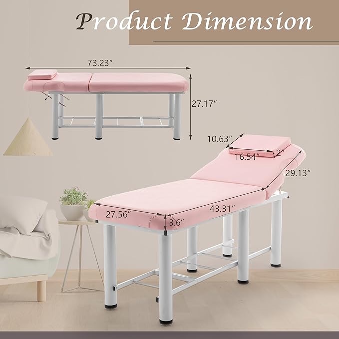Stationary Massage Bed Professional Adjustable Massage Table Spa Bed 73" x27.5”Stationary Physical Therapy Table with Memory Foam Salon Bed w/Removable Headrest Pink