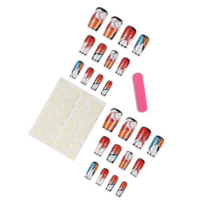 Black French Tips Press on Nails Curve Line Stick on Nails Medium Square Acrylic Full Cover False Nails Glossy Colorful Glitter Fake Nails 24Pcs Fire Pattern Gel Glue on Nails for Coquette Women Girls
