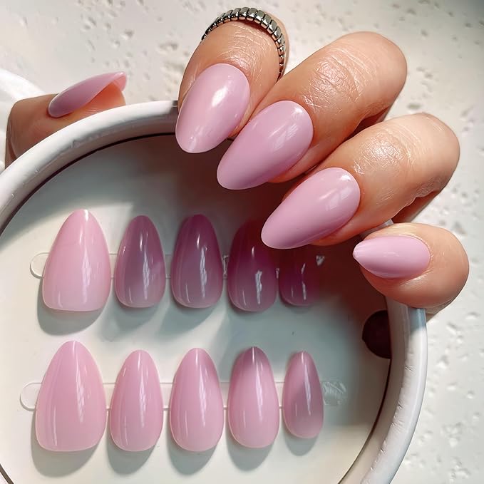 30PCS Short Almond Press on Nails – Pink Purple Fake Nails with 15 Sizes, Soft Back Edge & Durable Tip, No Measuring Needed, Reusable Stick-On Nail Tips for Women