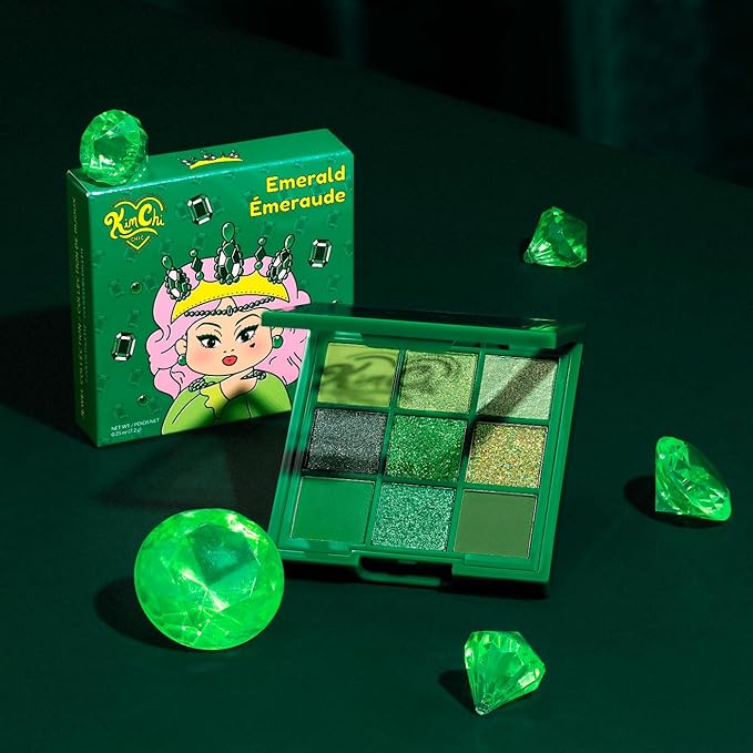 KimChi Chic Jewel Collection Eyeshadow Palette - Pigmented Blendable & Long Lasting Colors, Matte & Glitter Shades, Includes Jewel Stickers, Cruelty Free, Emerald