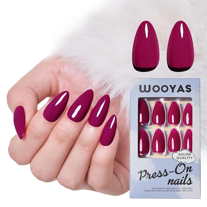 Wooyas Press on Nails Almond，Reusable Handmade Gel Fake Nails Medium Glossy ，Lightweight Natural Soft Gel Stick On Nails in 12 Sizes - 24 Pcs Soft Gel Glue On Nails Kit，Berry Color