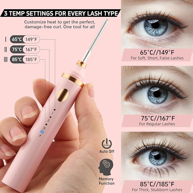 3 in 1 Heated Eyelash Curler, Rechargeable Heated Eyelash Curlers for Women, Electric Lash Curler with 3 Brush Heads, 24H Natural Curling with 3 Temp Settings 10s Fast Heating, Pink