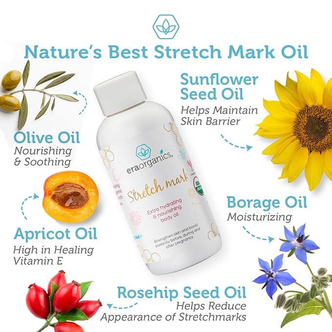 Era Organics Organic Stretch Mark Oil for Pregnancy - Extra Moisturizing Belly Oil for Pregnancy - Pregnancy Oil to Prevent Stretch Marks - Pregnancy Must Haves