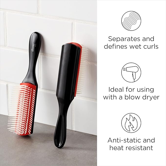 Diane Pro Nylon Pin 9 Row Styling Brush for Detangling, Separating, Shaping, and Defining Wet or Curly Hair, Heat-Resistant, Anti-Static, Black/Red