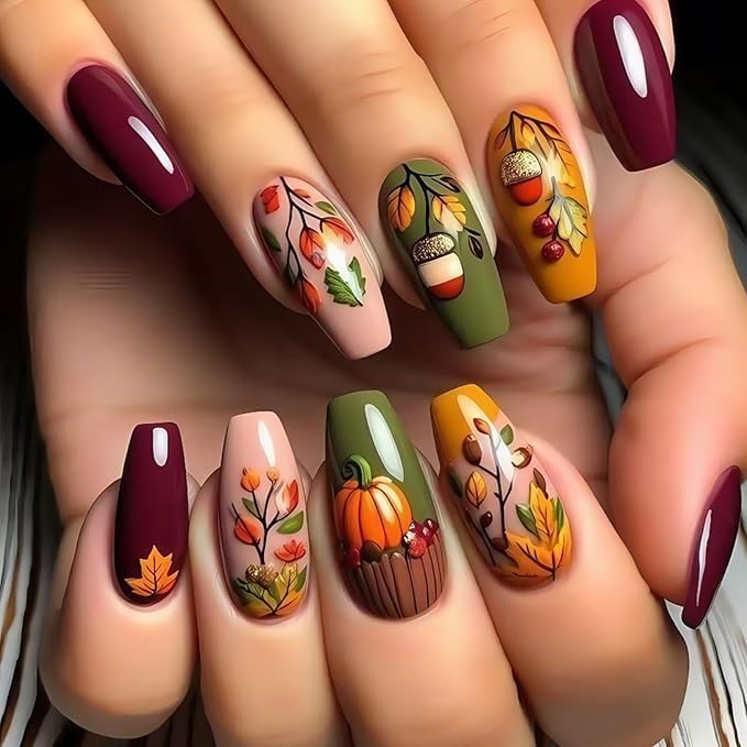 Autumn Thanksgiving Press on Nails Medium Coffin Pumpkin Acorn Fake Nails Fall Maple Leaf Stick on Fingernails Colorful Leaves Acrylic False Nails Glossy Gel Glue on Nail for Women 24Pcs