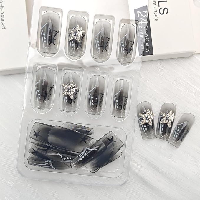 24Pcs Black Press on Nails Medium Square Fake Nails Silver Star Nail Rhinestones with Gradient Black Full Cover Reusable Artificial Nails Glue on Nails Chrome False Nails for Women Girls Acrylic Nails