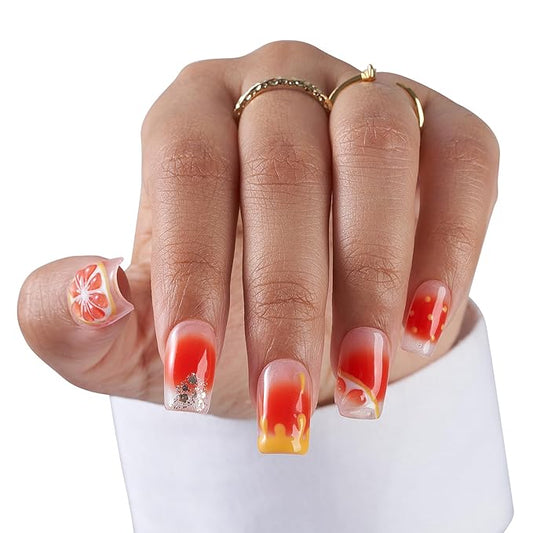 Large-Citrus Splash Fake Nails Press-On Manicure Kit for Women | French Tip 10 Nails | Nail Glue, Dual Nail File, Cuticle Stick, Buffer Block | Measure Before Ordering