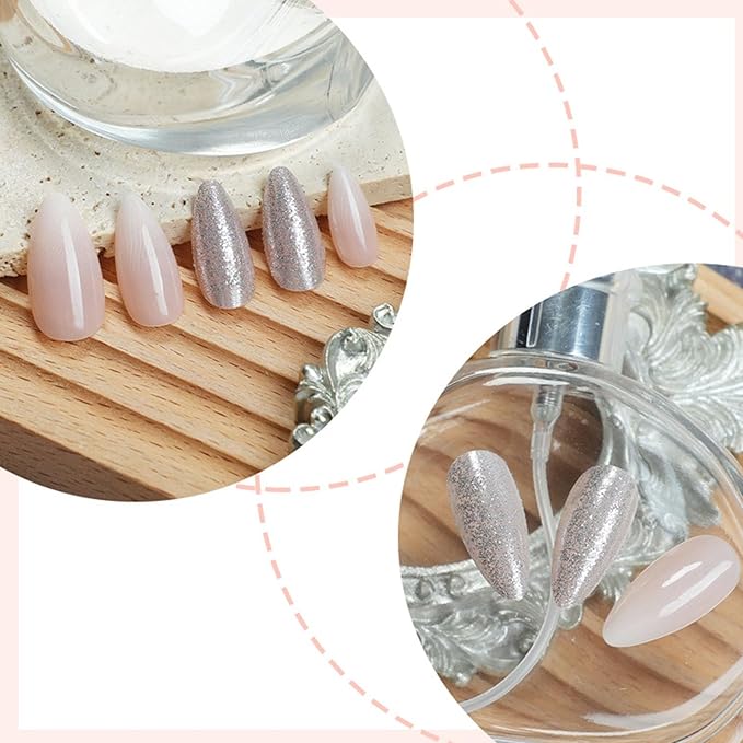 IMRAIN Press on Nails Medium Almond Fake Nails Glitter Glossy Full Cover Glue on Nails Natural Acrylic Artificial Nails Stick on False Nails for Women Girls 24Pcs