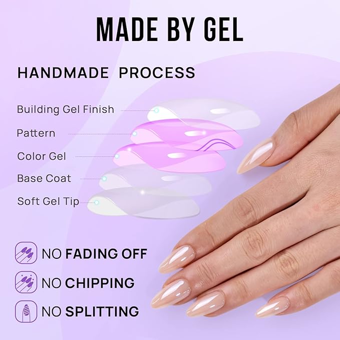 BTArtbox Press on Nails Almond Medium Soft Gel Chrome Nails, Light Weight & Fit Perfectly, Natural Fake Nail with Nail Glue, Nude Glue On Nails in 15 Sizes - 30 Nail Kit, Champagne Glazed