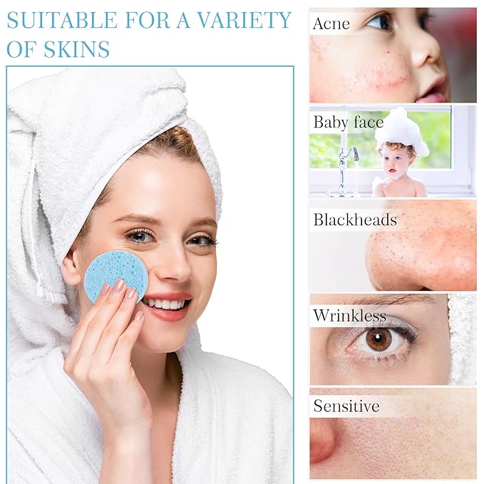 Sieral 120pcs Compressed Facial Sponges Disposable Natural Face Sponges Round Soft Pads with Container for Washing Face Cleansing Exfoliating Esthetician Makeup Removal Travel(Light Blue)