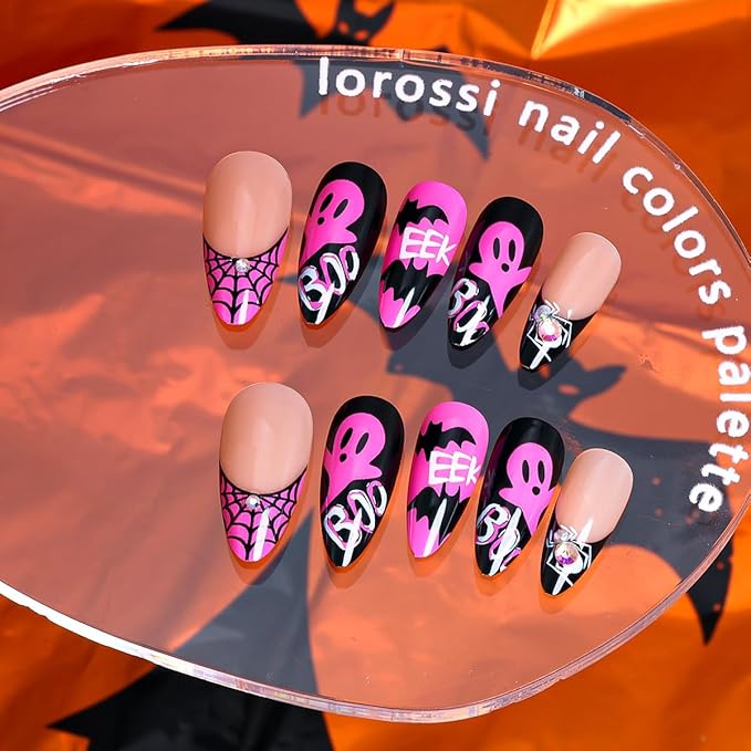 24Pcs Halloween Press on Nails Almond Medium NEWSPIED Hot Pink French Tip Fake Nails with Spiders Rhinestone Design Gothic Bat Ghost False Nails Cute Halloween Glue on Nails for Women Holiday Nail DIY