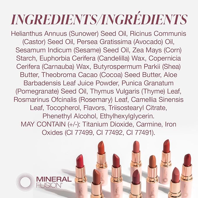 Mineral Fusion Long-Lasting Lipstick, Vivid & Smudge-Free Lip Color with Avocado Oil, Cocoa Seed Butter, Free of FD&C Dyes, Paraben and Gluten, Prosecco