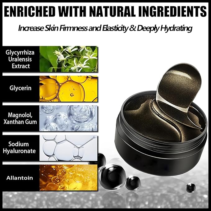 60 Pcs Under Eye Patches, 24K Gold Eye Masks, Collagen Anti Aging Eye Gel Pads, Moisturizing Eye Treatment for Puffy Eyes, Dark Circles, Wrinkles, Fine Lines, BLACK PEARL