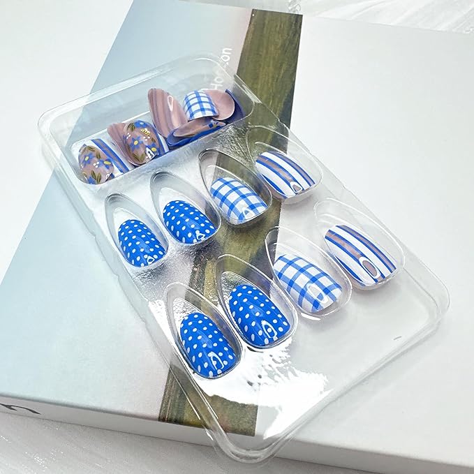 24Pcs Blue Press on Nails Short Almond Fake Nails with Designs Reusable Summer Flower Acrylic Nails Cute Bee Glue on Nails Blue And White Plaid False Nails Solid Color Stick on Nails for Women