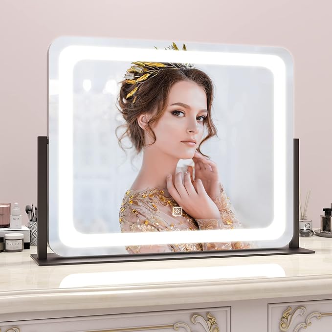 22x17 Inch Lighted Vanity Mirror with Dimmable LED Lights - 3 Color Modes, Smart Touch Control & 360° Rotating Base - Desk Makeup Mirror (Black)