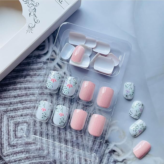 Square Press on Nails Short Fake Nails Full Cover Glossy Acrylic Nails with Designs Natural Nude False Nails Spring Flower Stick on Nails Reusable Pink Glue on Nails for Women DIY Manicure