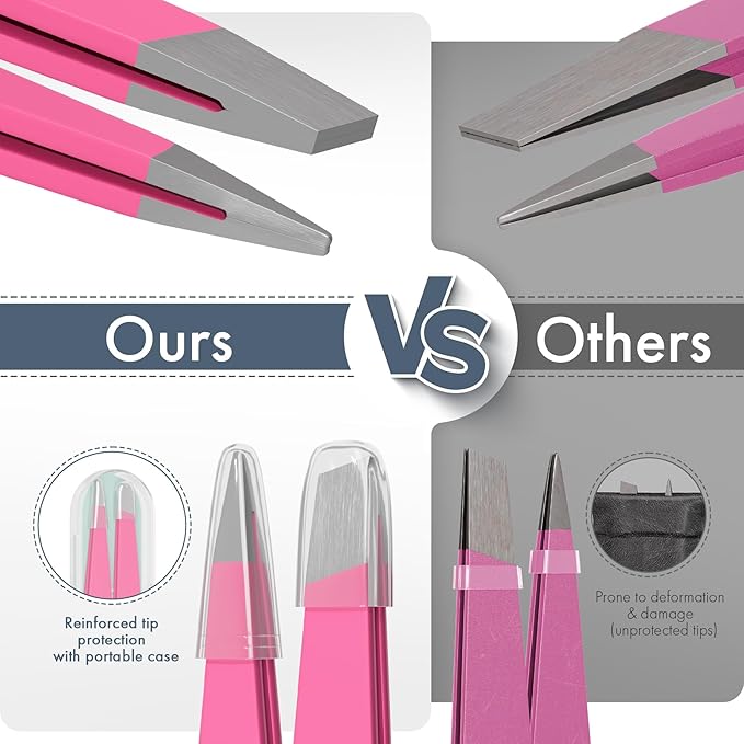 Tweezers for Women Facial Hair, Slant & Pointed Tweezers for Eyebrows, Ingrown Hair, Splinter Removal, 2 Pack Tweezer Set, Professional Stainless Steel Eyebrow Tweezers for Men and Women, Pink