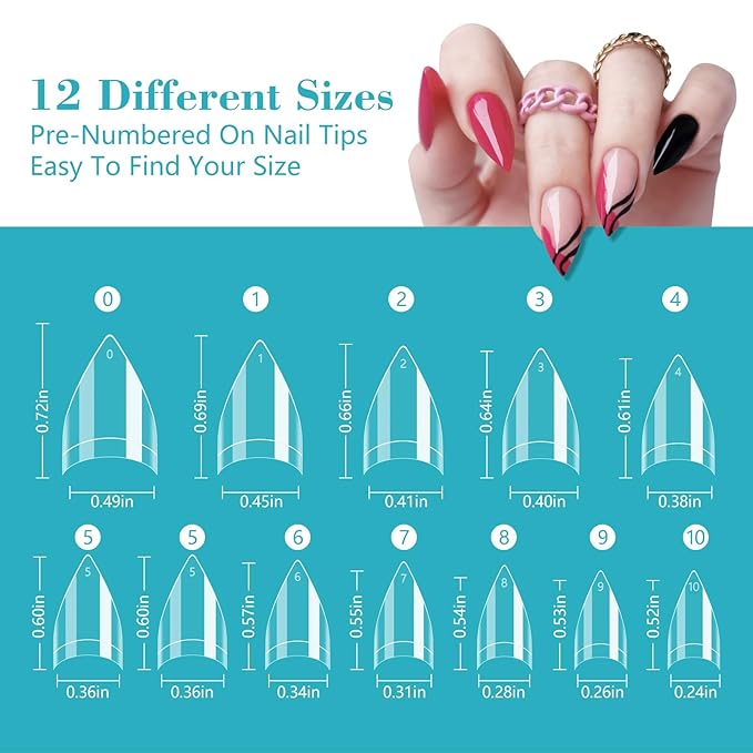 Clear Short Stiletto Nail Tips, 600PCS Half Cover Soft Gel Stiletto Nail Tips, Almond Shape Fake Nails Acrylic Nail Extension Tips for Acrylic Nails Art Salon Home DIY with Box 12Sizes