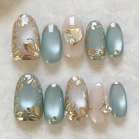 30Pcs Light Blue Press on Nails Medium Fake Nails Golden Leaf Almond Nails with Rhinestone Pearl Design Metallic Line French Manicure Tips Handmade Press on Cute Stick on Nails for Women