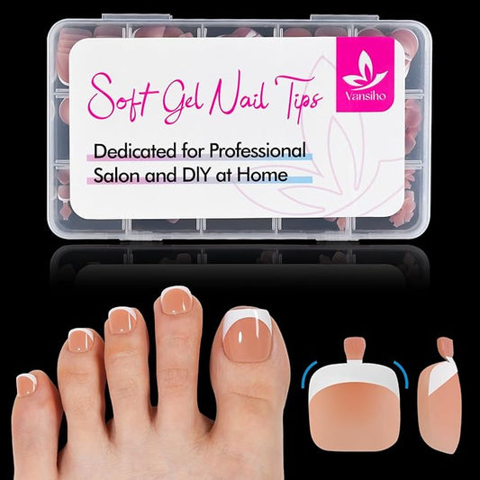 Vansiho 150 pcs Fake Toe Nail Tips Press on, French Tip Soft Gel Toenail Extension Brown White, Square Round Toenail Pre-applied Tip Primer & Base Coat, Soft Gel Fake Toe Nails for Home DIY 15 Sizes