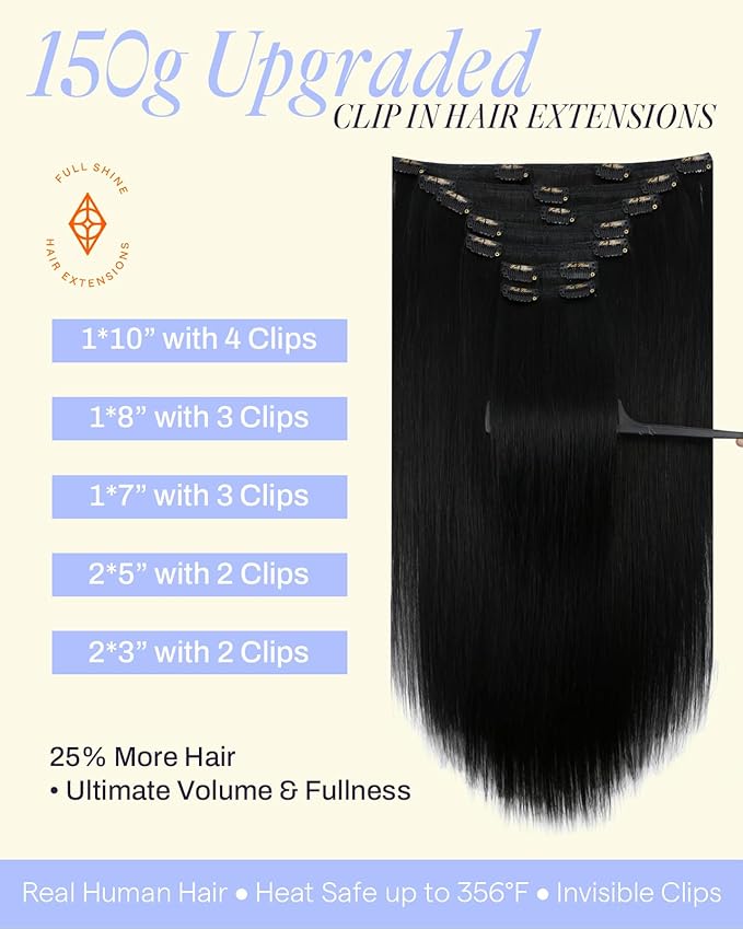 Full Shine Clip in Hair Extensions Real Human Hair Black Women 150 G Long Black Clip in Extensions for Cheer for Styling 20 Inch 7 Pcs