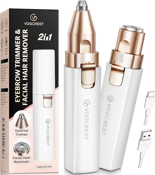 Rechargeable Facial Hair Remover for Women: 2 in 1 Electric Eyebrow and Facial Hair Remover - Suitable for Middle-aged Women’s Eyebrow, Chin, and Cheek Trimming - with Built-in LED Light (White)