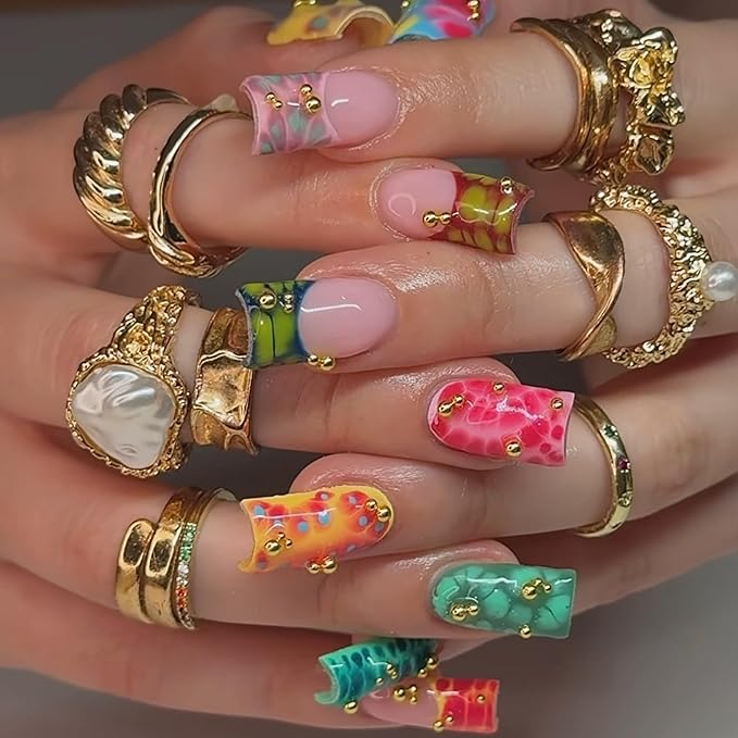 Square Press on Nails Medium Fake Nails Red Artificial Nail Multicolor Tortoise Shell and Gold Charm Designs Cute Stick on Nail for Women 24pcs