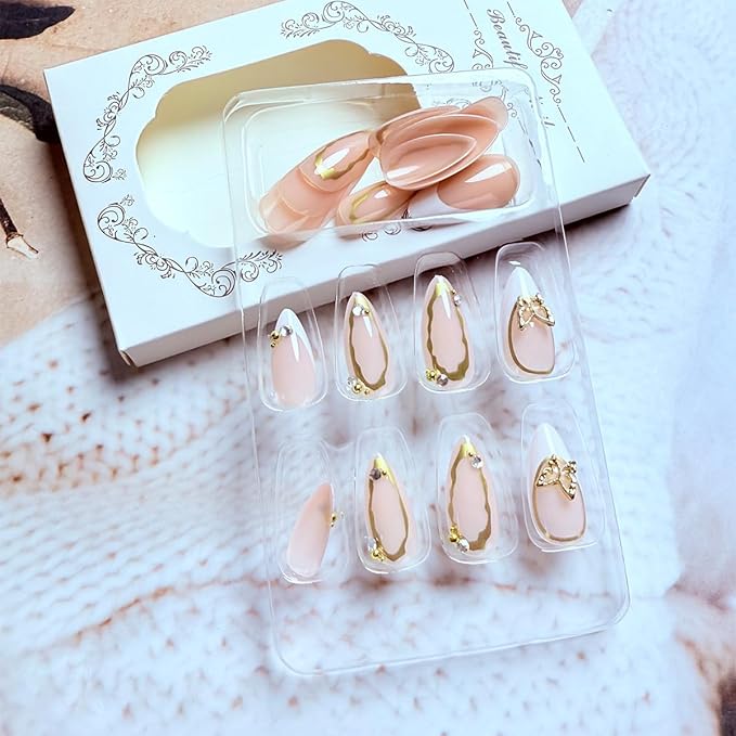 24Pcs Almond Press on Nails Medium French Tip Fake Nails with Gold Line Designs Nude Pink Full Cover Stick on Nails Butterfly Rhinestones False Nails Artificial Nail Tips Glue on Nails for Women Girls