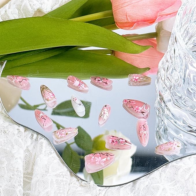 30pcs Pink Flower Cute Cat Almond Acrylic Press-On False Nails Kit with Rhinestone Pearl Designs, Bow, Summer Floral Nail Decoration