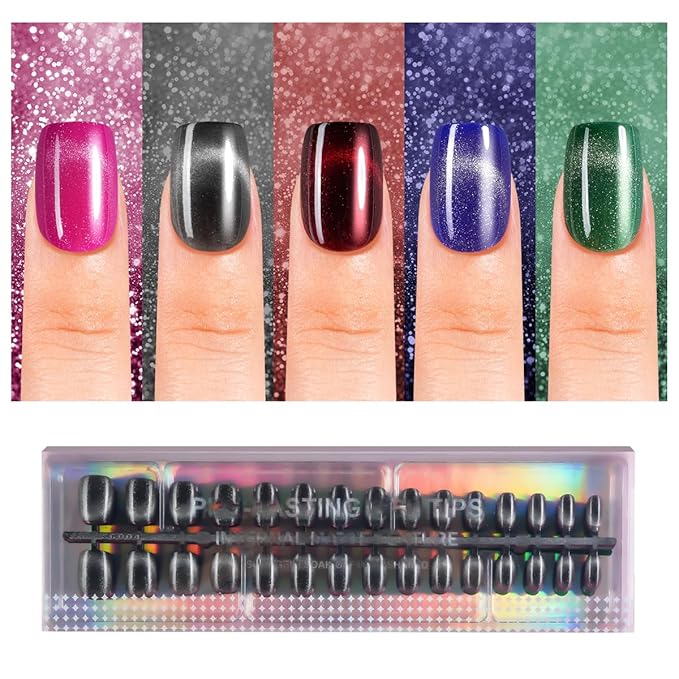 150Pcs Cat Eye French Press on Nails, Plauva Short Square Fake Nails, Glossy Glitter Cat Eye Nail Tips, Soft Gel Stick On Nails for Women and Girls 15 Sizes