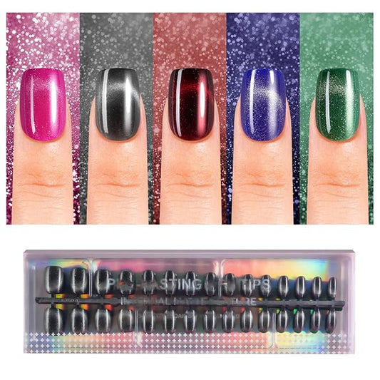 150Pcs Cat Eye French Press on Nails, Plauva Short Square Fake Nails, Glossy Glitter Cat Eye Nail Tips, Soft Gel Stick On Nails for Women and Girls 15 Sizes