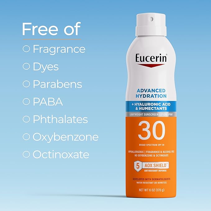 Eucerin Advanced Hydration SPF 30 Sunscreen Spray, Lightweight Spray Sunscreen with Hyaluronic Acid and Humectants, Hypoallergenic, Fragrance and Alcohol Free, 6 Oz Bottle