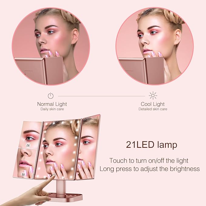 HUONUL Makeup Mirror, 10X 3X 2X Magnification, Lighted Makeup Mirror, Touch Control, Dual Power Supply, Portable LED Mirror, Women Gift (Rose Gold)