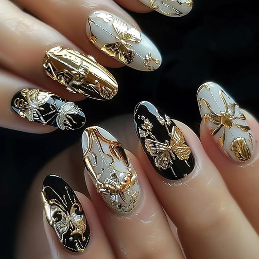 Press on Nails Almond Medium Gold Metal Butterfly Pattern Design Full Cover Glossy Artificial Fingernails Almond Shaped Acrylic Fake Nail 24Pcs Reusable Glue on Nails for Women