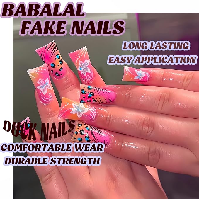 BABALAL Duck Nails Press on Fake Nails Hot Pink Glue on Nails Cheetah Y2k Acrylic Nails Hottie Gyaru False Nails with Flower Design 24Pcs Glossy Manicure Duck Bill Stick on Nails for Women Girls