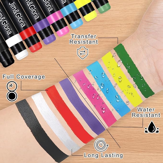 Jim&Gloria Water Resistant Under Eye Black Stick Sports Face Paint Body Markers Makeup Athletes Softball Stuff Lacrosse Baseball Drip Football Gear Game Accessories Gift 8 Colors Eyeblack Painting Kit