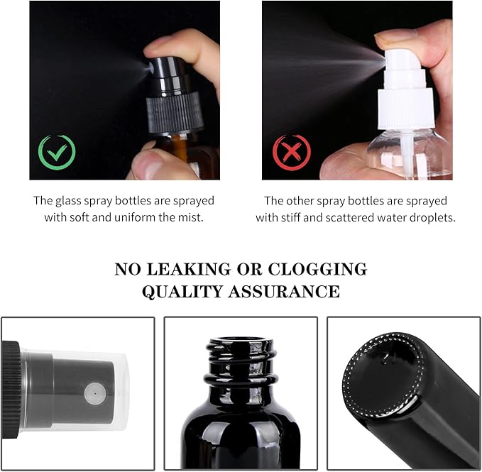 2oz UV Resistant Glass Spray Bottle, Fine Mist Boston Glass Bottles with Black Fine Mist Sprayer Small Clear Bottles for Essential Oils, Bath, Beauty, Hair & Cleaning, Black, Pack of 48