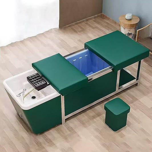 HHEvergreenEnsem Massage Shampoo Bed with Sink & Head Spa Equipment, No Plumbing Head SPA Bed Includes 24 gal Large Water Tank, Storage Space (with Stool, Green)