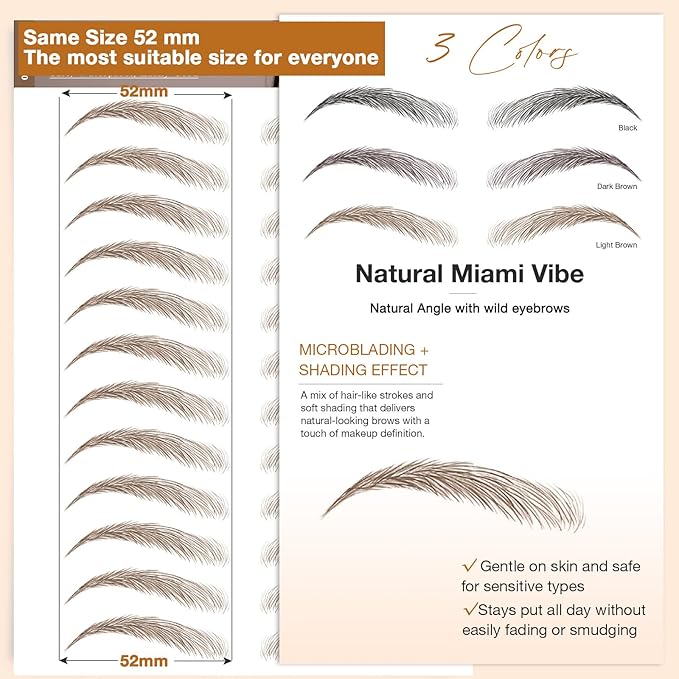 20 Sheets 240 Pairs Eyebrow Tattoo Sticker Waterproof 4D Hair-Like Natural Fake Tattoo Eyebrows Transfers Stickers Peel Off Brows Grooming Shaping Sticker in Natural Miami Vibe,Light Brown