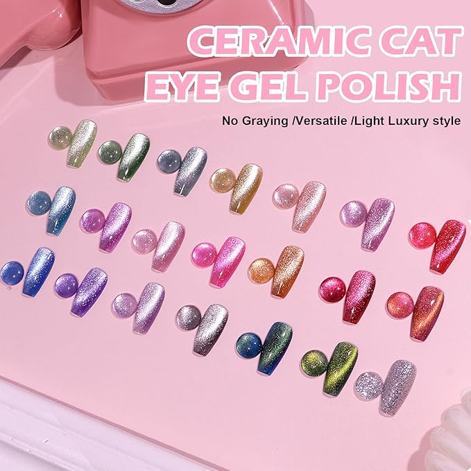 Cat Eye Gel Nail Polish, 28Pcs Glitter Pink Red Purple Green Blue Silver Sparkle Colors Gel Nail polish Set with Magnet Base Top Coat Soak Off UV LED Light Nail Art Salon Manicure DIY Home