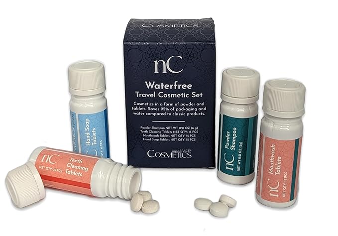 nanoSPACE Waterless Travel Toiletry Set, Clean Ingredients TSA Compliant, Includes Powder Shampoo, Toothpaste Tablets, Mouthwash Tablets, Soap Tablets