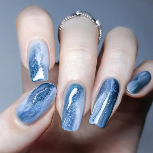 BABALAL Coffin Press on nails Long Fake Nails Blue Ombre Glue on Nails 24Pcs Acrylic Nails Glossy Ballerina Manicure Stick on Nails Supplies Diy Nail Art