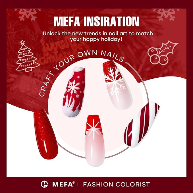 MEFA 6 Colors Red Gel Nail Polish Set, Fall Winter Christmas Glitter Shades Sparkle Silver Champagne Love Times Tones Salon Decorations Nail Art Design at Home Manicure DIY Kit Gifts for Women Girl
