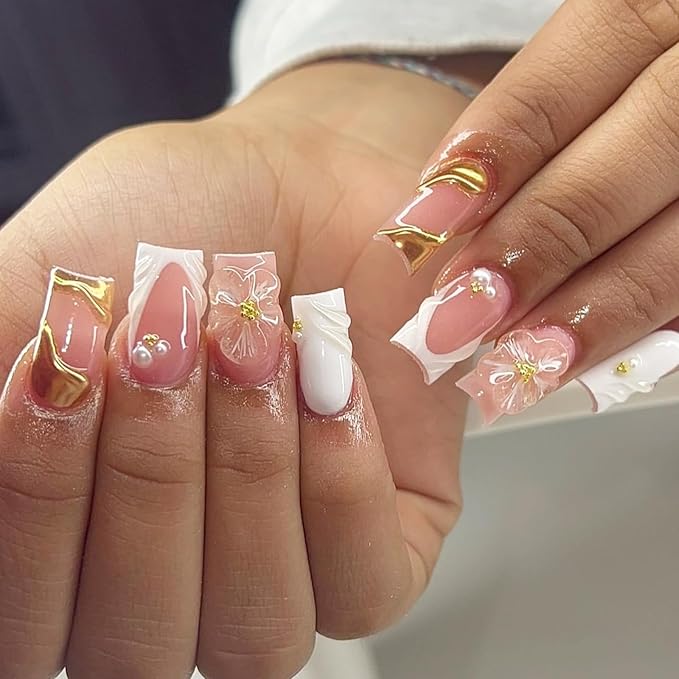 Gold Press on Nails White French Tip Fake Nails Medium Square False Nails with 3D Pearl Designs Embossed Flower Acrylic Nails Reusable Artificial Stick on Nails for Women Girls Manicure Salon 24Pcs
