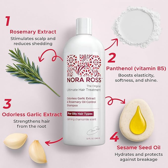 Nora Ross Garlic Extract Clarifying and Strengthening Shampoo and Conditioner with Rosemary – Deep Cleansing, Oil Control Combo for Women and Men – Vegan Formula with Fresh Chamomile – 32 oz each
